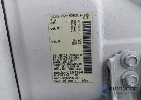 2012 Nissan Altima 2.5 S z USA, uszkodzony, nr VIN 1N4AL2AP4CC195998